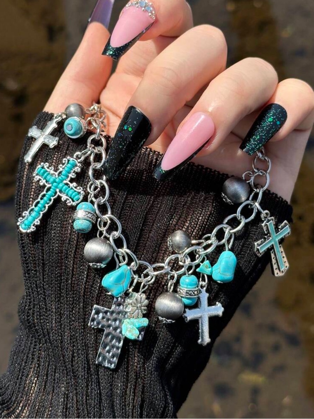 Turquoise Cross Charm Bracelet - Silver Link Chain